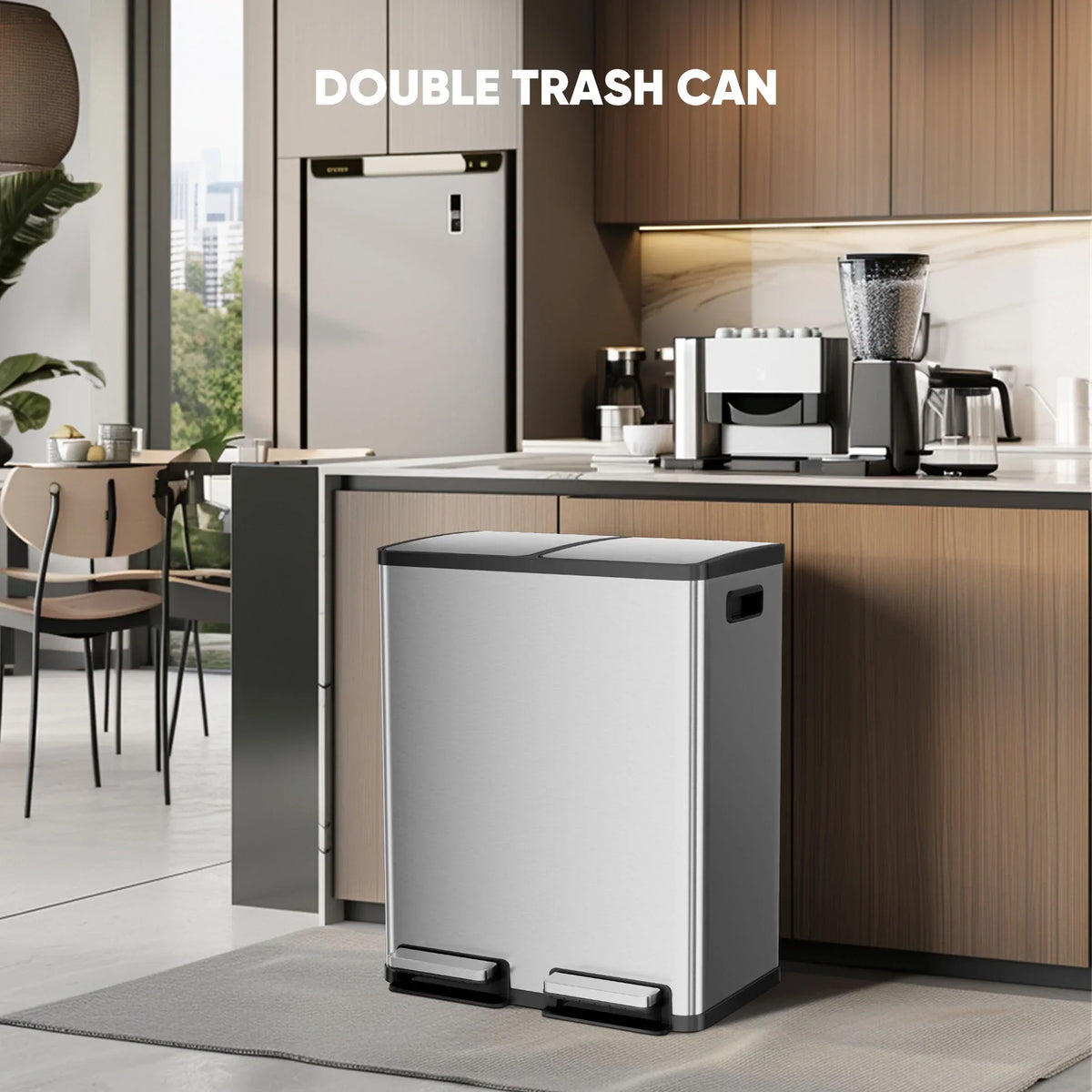 2026 NewEDX 2 x 8.3 Gallon Dual Garbage Recycle Trash Can with Lid, Inner Buckets for Kitchen, Stainless Steel, Sliver