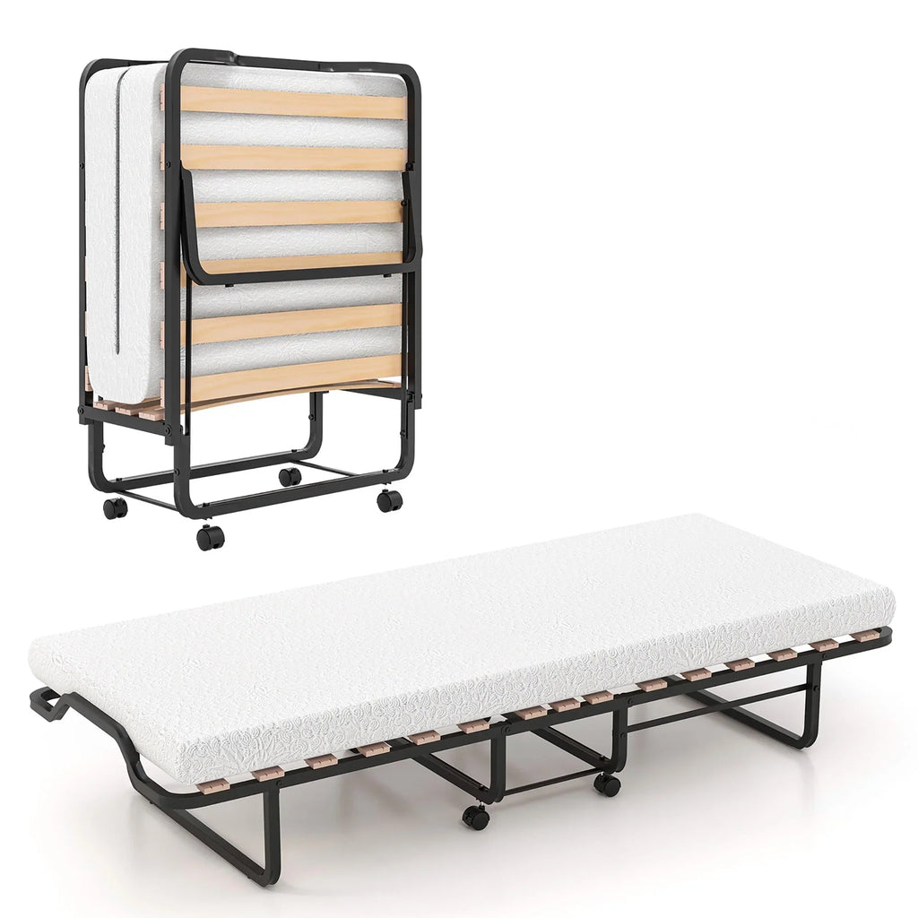 2026 NewGymax Portable Foldable Guest Bed w/ Solid Wood Slats & Metal Frame Rollaway Bed for Adults w/ Wheel