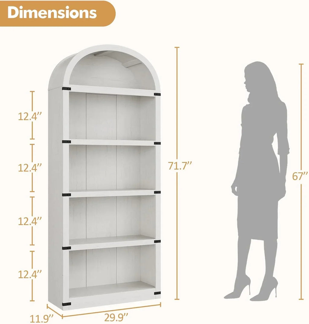 2026 NewBookcase 5 Shelf Arched Bookshelf 71.65in Tall Bookcase Farmhouse Display Storage Rack Wooden Bookshelves for Home Office, Living Room(white)