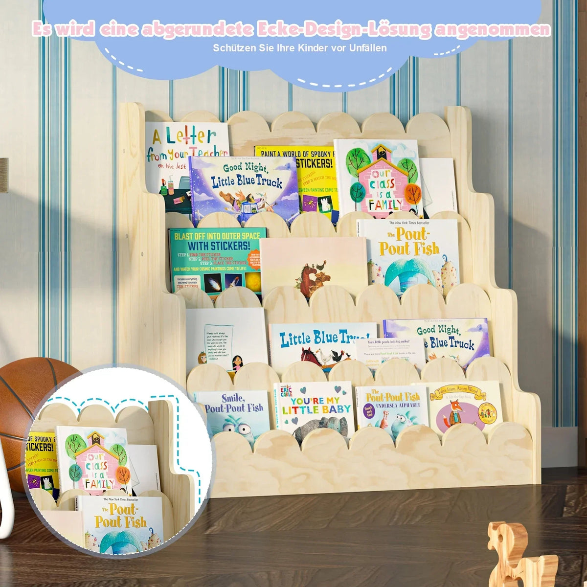 2026 NewMontessori Wood Kids Bookshelf - Scalloped 4-Tier Front-Facing Book Display, Nursery Organizer for Toddler/Baby Books & Toys, Gender-Neutral Classroom Playroom Storage