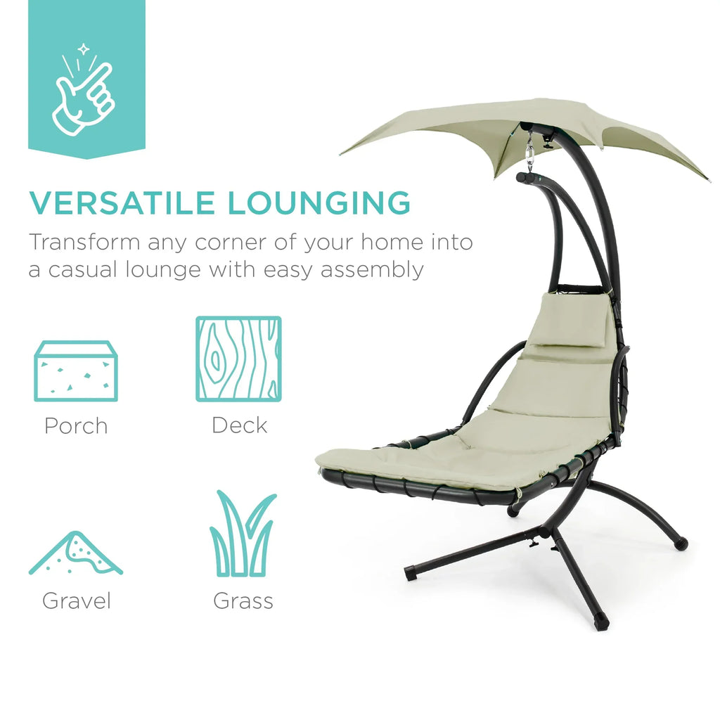 2026 NewBest Choice Products Hanging Curved Chaise Lounge Chair Swing for Backyard, Patio w/ Pillow, Shade, Stand - Teal