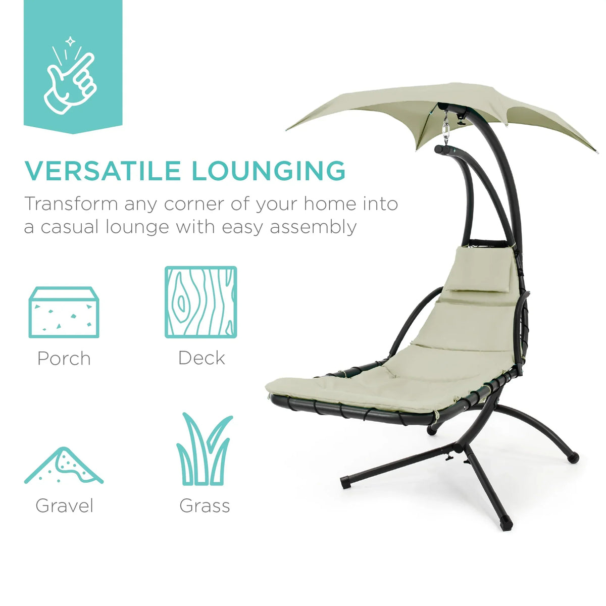 2026 NewBest Choice Products Hanging Curved Chaise Lounge Chair Swing for Backyard, Patio w/ Pillow, Shade, Stand - Teal