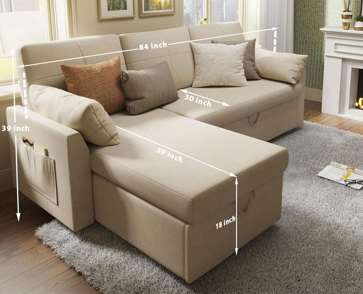 2026 NewVANACC Sofa Bed, Adult Sleeper Sofa with Storage Chaise, Pull Out Couch for Bed Room, Gray Chenille