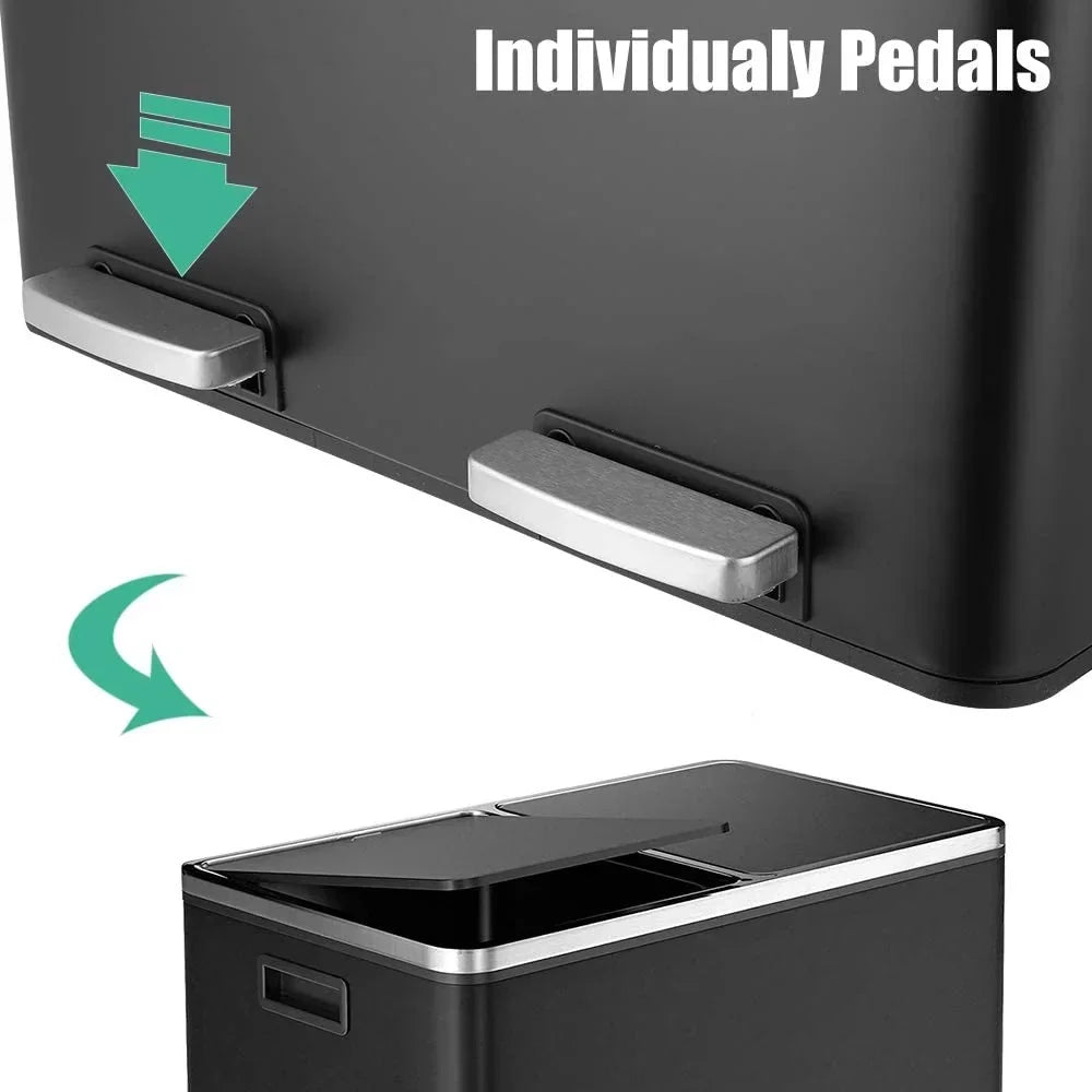 2026 NewLAZY BUDDY Dual Garbage Can, Stainless Steel 16 Gallon Step Kitchen Trash Can with Soft-Close Lid, Double Compartment Garbage Recycling Bin
