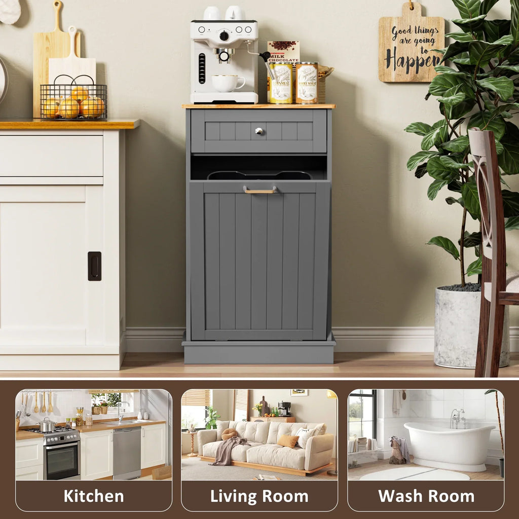 2026 NewHARIPUL Single Tilt Out Trash Cabinet for 13 Gallon Waste Bin, Free Standing Kitchen Trash Can Cabinet with Drawers, White