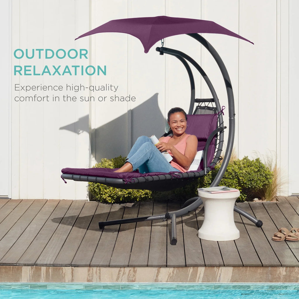 2026 NewBest Choice Products Hanging Curved Chaise Lounge Chair Swing for Backyard, Patio w/ Pillow, Shade, Stand - Teal