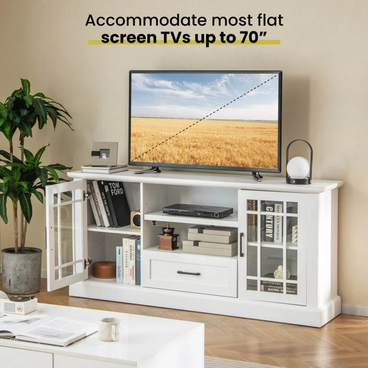 2026 NewTV Stand for TVs up to 70 with Glass Doors Cubbies and Drawer