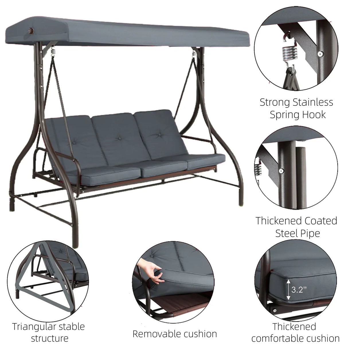 2026 NewArlopu 3 Person Porch Swing Outdoor Converting Canopy Swing Glider with Canopy