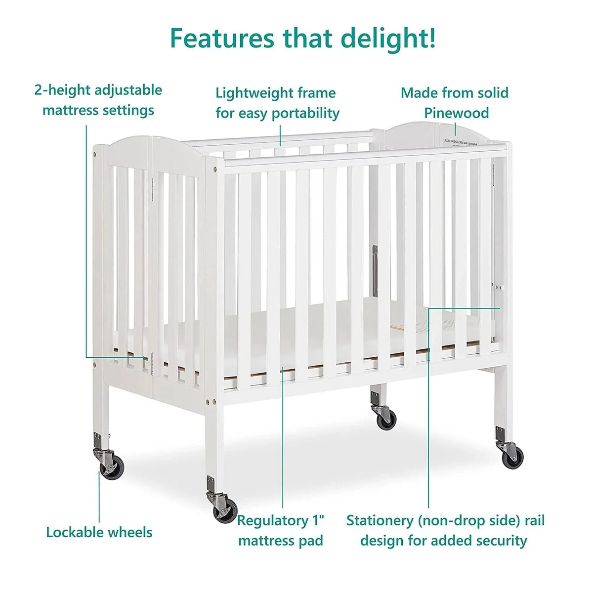 2026 NewDream On Me 2-in-1 Folding Portable Mini Crib in White. Mattress Pad Included. Easy to Fold and Store Baby Crib. Two Adjustable Mattress Height positions Convertible Crib