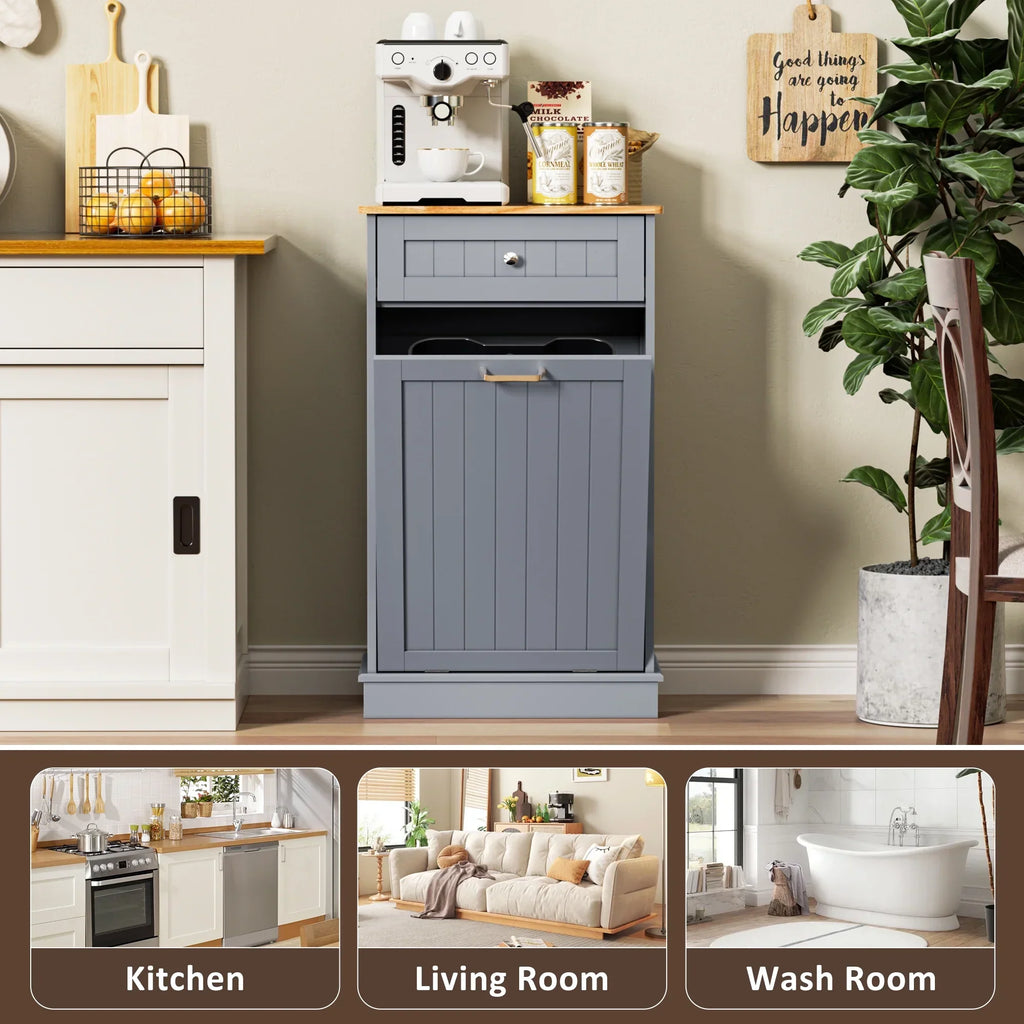 2026 NewHARIPUL Single Tilt Out Trash Cabinet for 13 Gallon Waste Bin, Free Standing Kitchen Trash Can Cabinet with Drawers, White