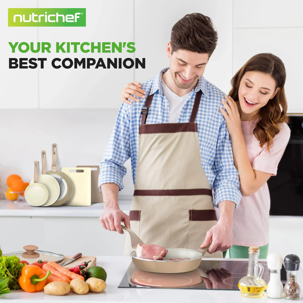 2026 NewNutriChef 75-Piece Non-Stick Pots and Pans Set, Complete Ceramic Cookware Set with Bakeware, Utensils, Knife Set, & Accessories, Stain-Resistant, Food-Grade Safe, Cream/Brown