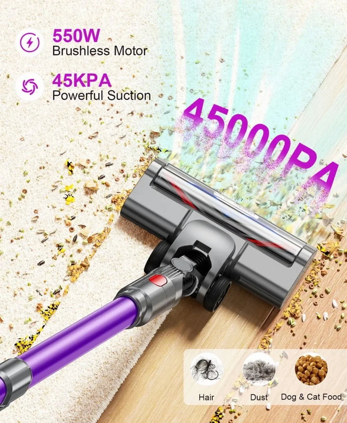 2026 NewHosaud Cordless Vacuum Cleaner - 45000pa 550W 55mins 2600mAh Lightweight Stick Vacuum Cleaners for Home Pet Hair Carpet Floor Purple