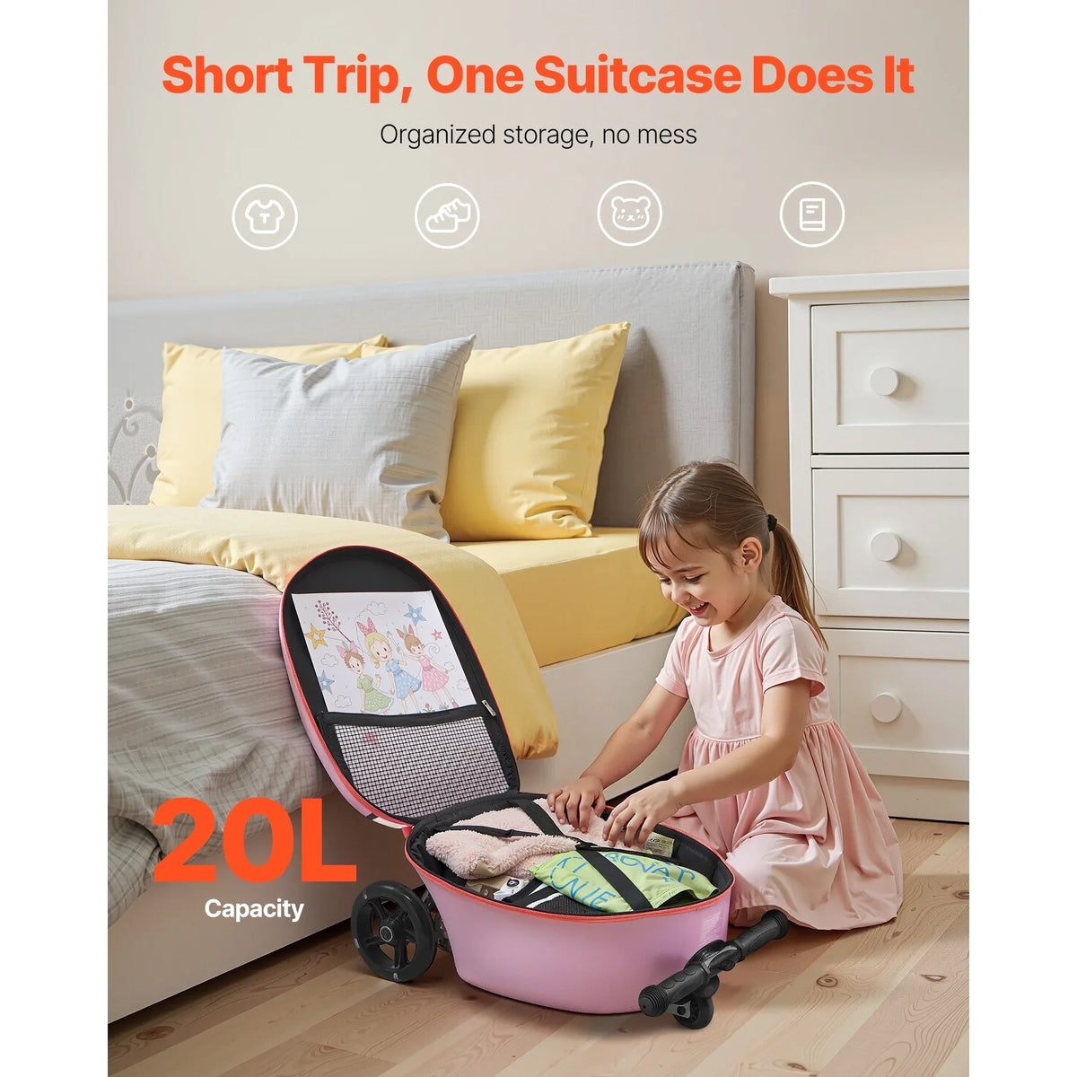 2026 NewKFFKFF Ride-on Kids Luggage, 20L Capacity, 20-Inch Scooter Suitcase with Flashing PU Wheels, Adjustable Handle & Non-Slip Grip, Foldable and Lightweight Travel Companion for Children Aged 5+, Purple