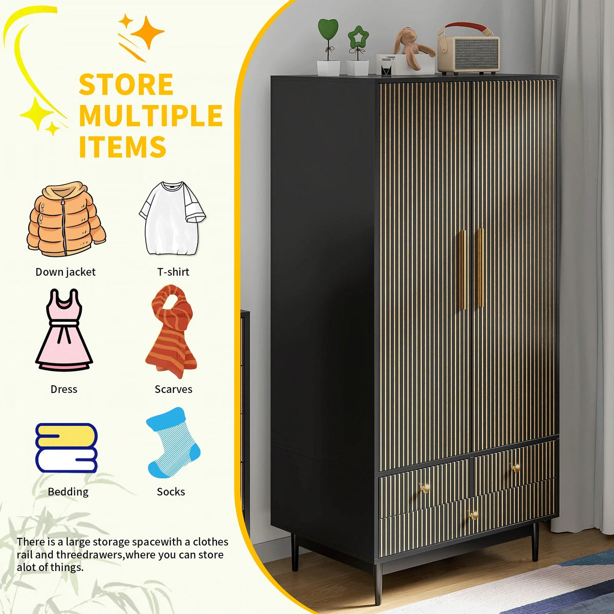 2026 NewArmoire Wardrobe Closet with 2 Doors, Wardrobe Cabinet with Hanging Rod and Drawers, Wooden Closet for Bedroom, White