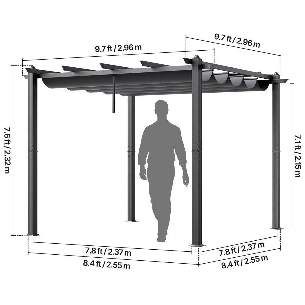 2026 NewKFFKFF 10'x10' Aluminum Pergola, Outdoor with Retractable Sun Shade Canopy, Ideal for Patio, Garden, Deck, Backyard - Gray