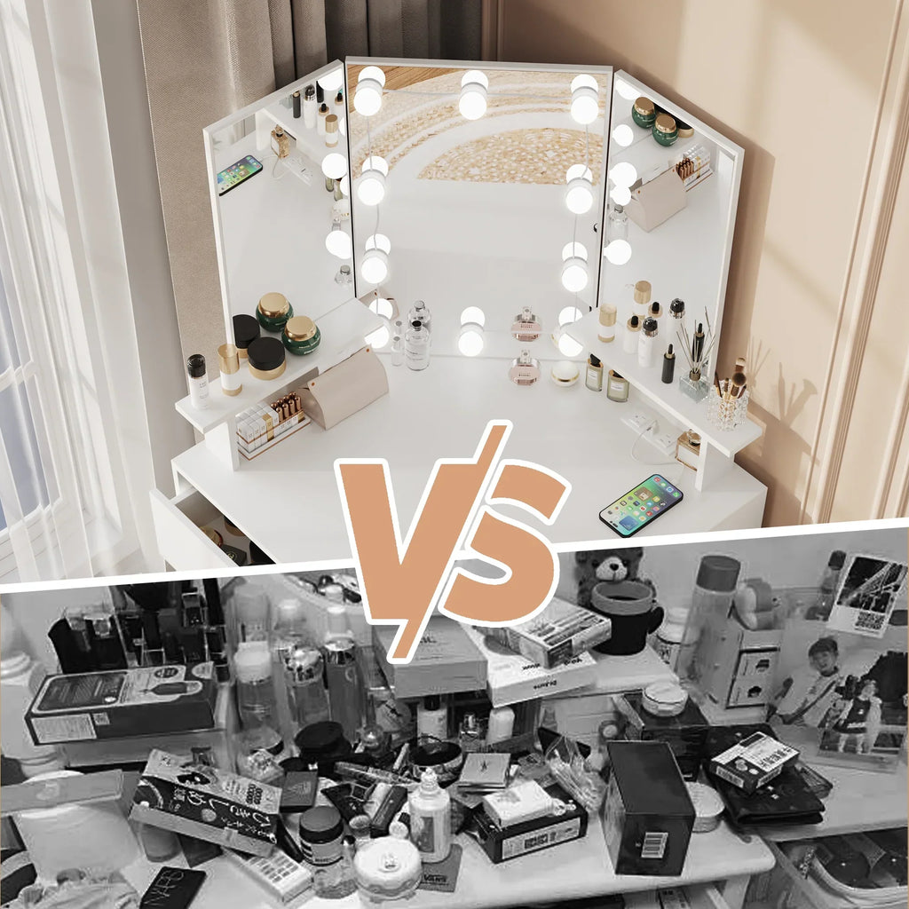 2026 NewVeanerwood White Corner Vanity Desk with Mirror and Light,Makeup Table with 4 Drawers and Charging Station for Bedroom