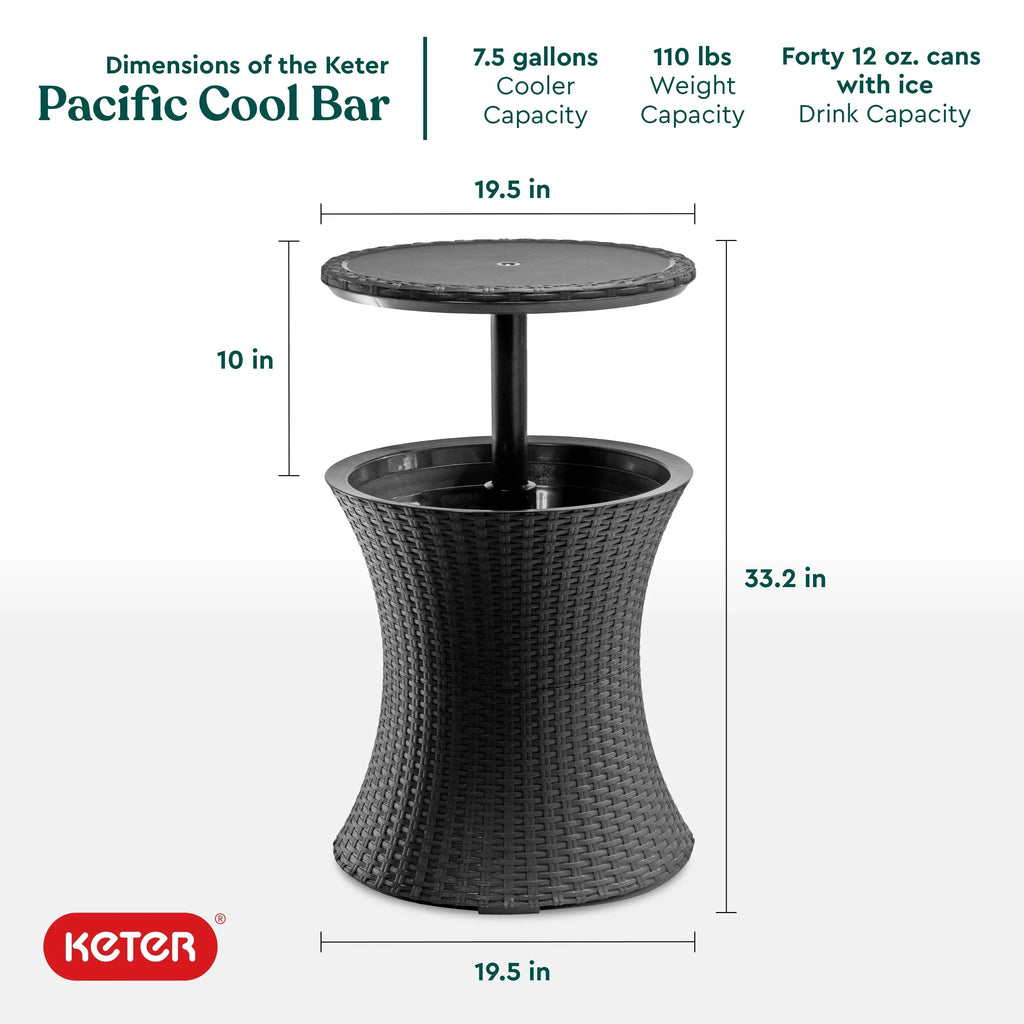 2026 NewKeter Pacific 7.5 Gallon Cool Bar 2 in 1 Weather Resistant Side Table and Bar Durable Resin Outdoor Patio Beverage Cooler Table, Rattan Look Brown