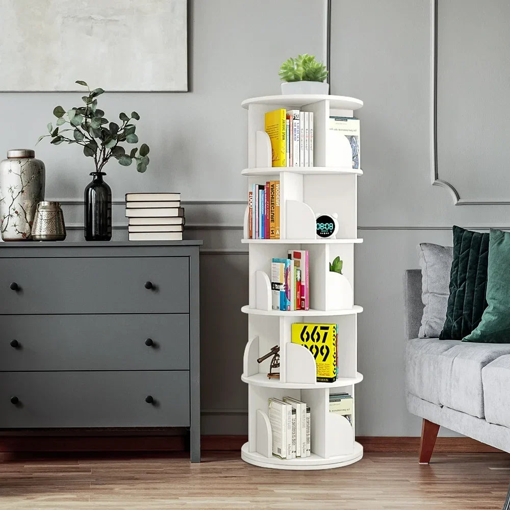 2026 NewBimiti 5 Tier Rotating Bookshelf, 360?" Revolving Bookcase 20 Shelves Floor-Standing Storage Display Rack - White 63"x18"x18", Adult