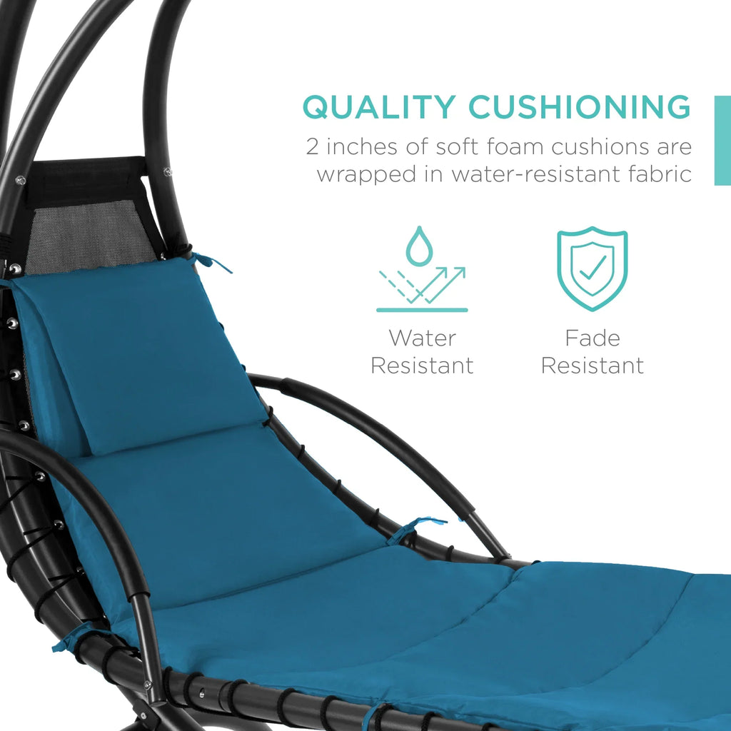 2026 NewBest Choice Products Hanging Curved Chaise Lounge Chair Swing for Backyard, Patio w/ Pillow, Shade, Stand - Teal