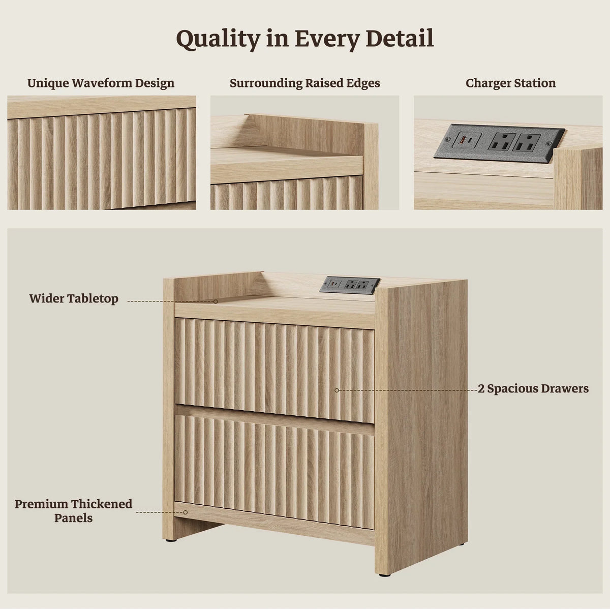 2026 NewSICOTAS 25.4" Wide Nightstand Set of 2 with Charging Station, Modern Night Stand with 2 Fluted Dresser & Handle-Less Storage Farmhouse Bed Side Table for Bedroom, Natural Oak
