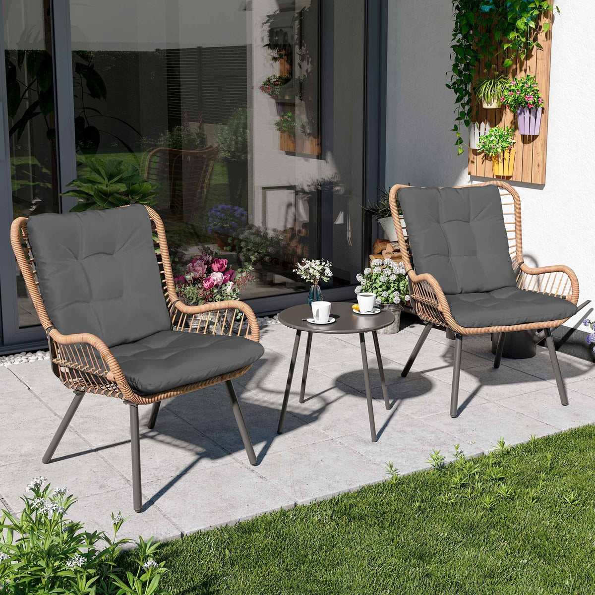 2026 NewLAUSAINT HOME 3-Piece Patio Furniture Set, High Back Outdoor Bistro with Coffee Table & Beige Cushions for Garden or Deck