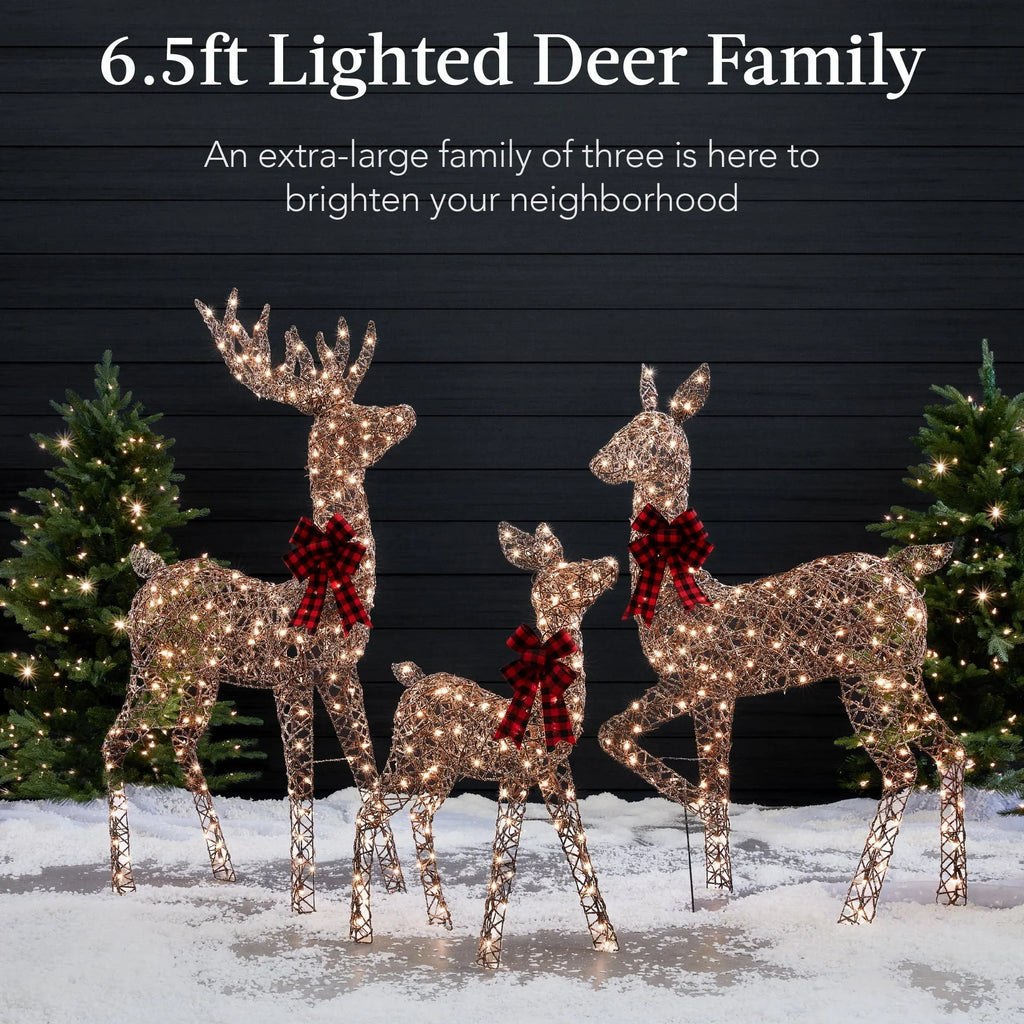2026 NewBest Choice Products 6.5ft 3-Piece Lighted Christmas Deer Set Outdoor Yard Decoration w/ 385 LED Lights, Stakes - Gold