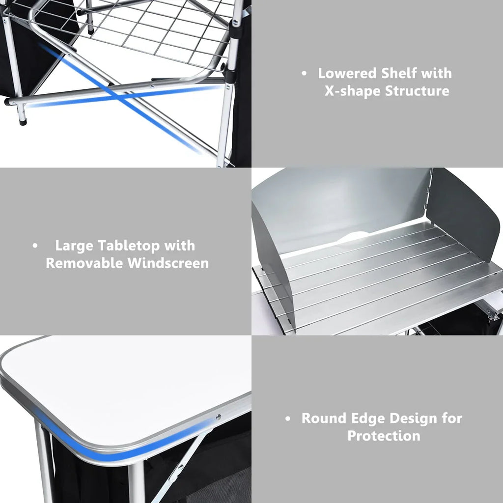 2026 NewGoplus Folding Portable Aluminum Camping Grill Table w/ Storage Organizer Windscreen Black