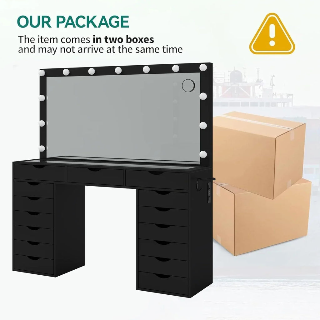2026 NewYanosaku 15 Drawers Vanity Desk with Power Outlet, Makeup Table with Mirror and 13 LED Lights, 3 Color Lighting Modes, Brightness Adjustable, Glass Top Dressing Table, Vanity Set for Bedroom