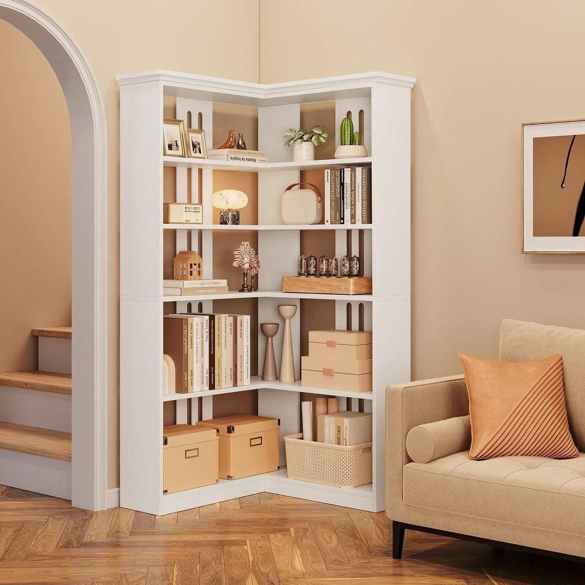 2026 NewEuKer 5 Tier Corner Bookcase, L-Shaped Bookshelf with Large Storage Capacity for Living Room, Bedroom, Office (Half Panel, Retro Brown)