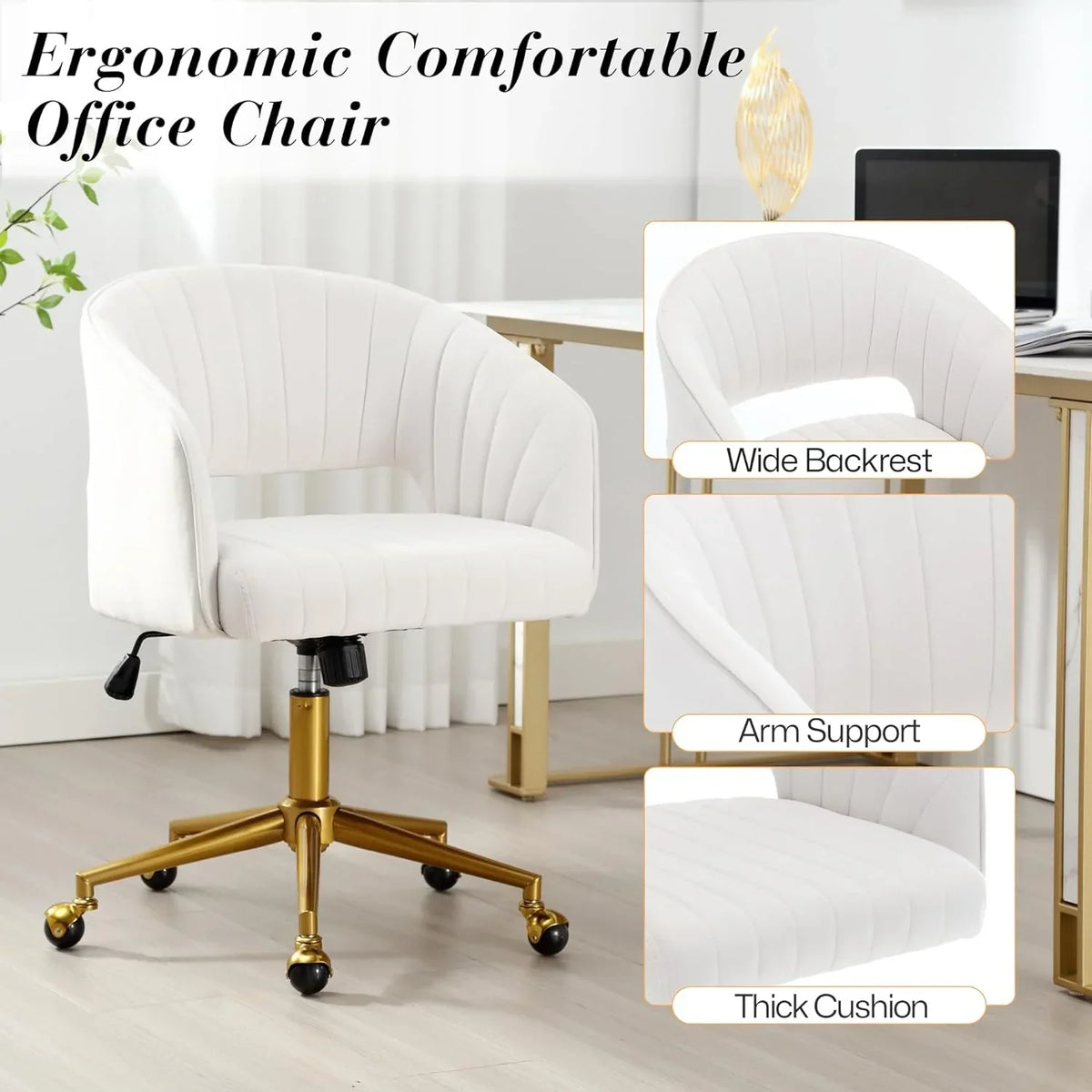2026 NewHome Office Swivel Desk Chair, Modern Velvet Vanity Chair, Height Adjustable Armchair with Gold Base, Ergonomic Office Chair for Task Study Computer Room, Beige