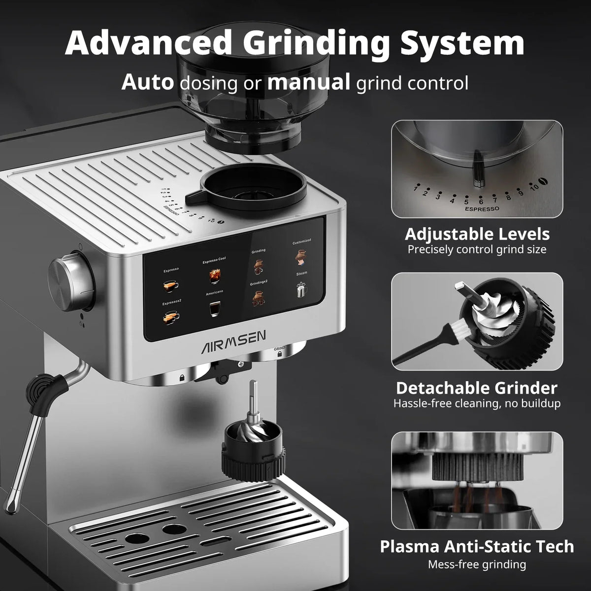 2026 NewAIRMSEN Espresso Machine with Grinder, Espresso Coffee Machine with Customized Grind Amount & Coffee Volume, Cold Brew Coffee Maker for Cappuccino Latte Americano, Brushed Stainless Steel