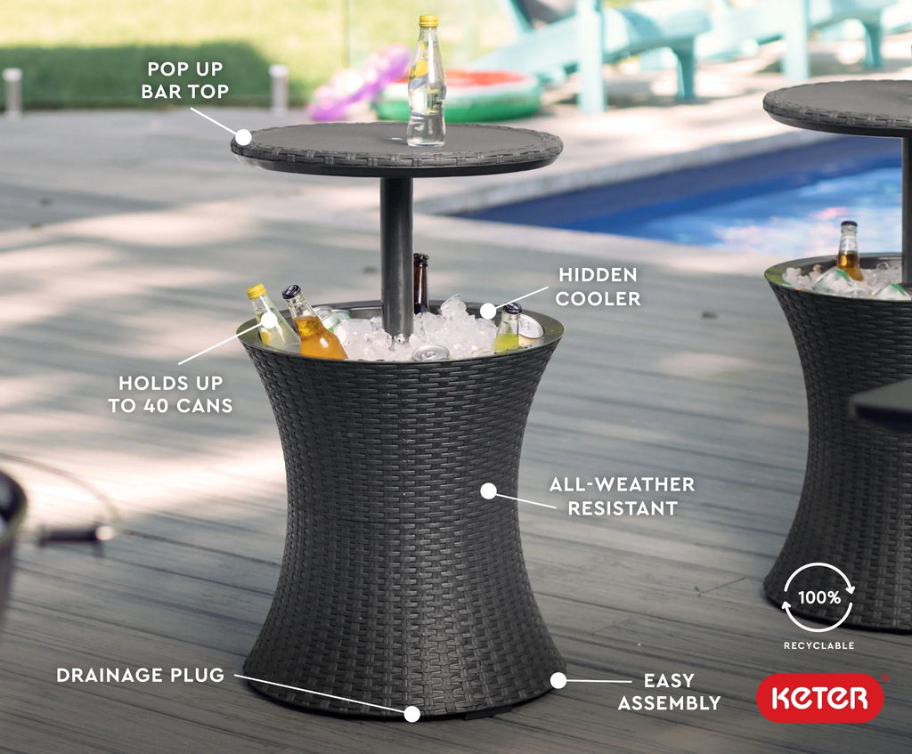 2026 NewKeter Pacific 7.5 Gallon Cool Bar 2 in 1 Weather Resistant Side Table and Bar Durable Resin Outdoor Patio Beverage Cooler Table, Rattan Look Brown