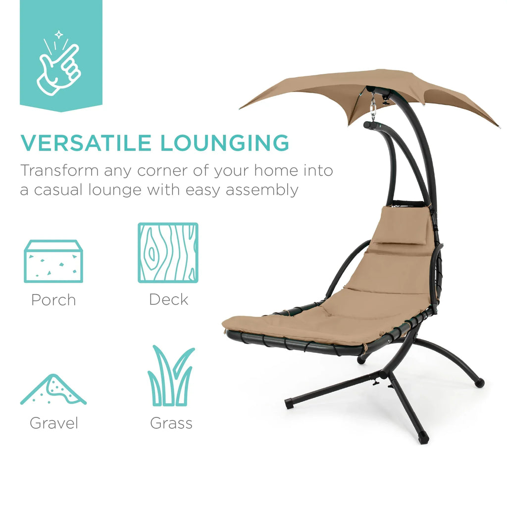 2026 NewBest Choice Products Hanging Curved Chaise Lounge Chair Swing for Backyard, Patio w/ Pillow, Shade, Stand - Teal