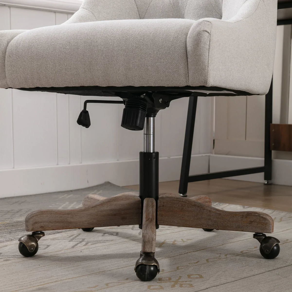 2026 New360 Degree Swivel Office Desk Chair, Upholstered Leisure Vanity Chair with Solid Wood Base and Wheels, Adjustable Height Computer Chair for Bedroom Living Room, Brown