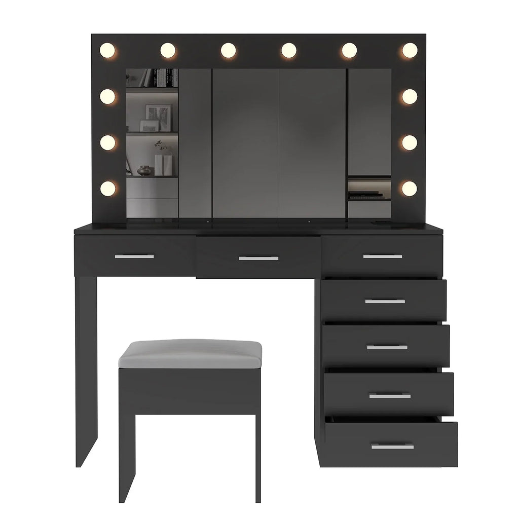 2026 NewKtaxon Large Makeup Vanity, Vanity Table Set w/ Visible Glass Top w/ Charging Station, White