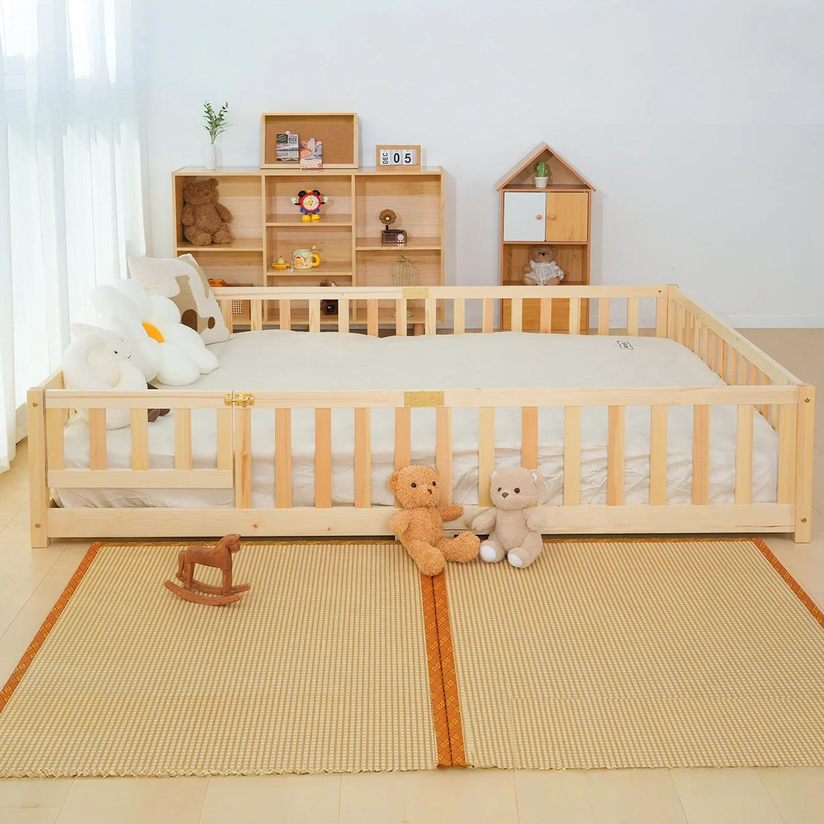 2026 NewSlsy Twin Size Toddler Floor Bed, Solid Wood Montessori Bed Frame with Fence & Door Montessori Floor Bed Crib with Safety Guardrails for Girls and Boys