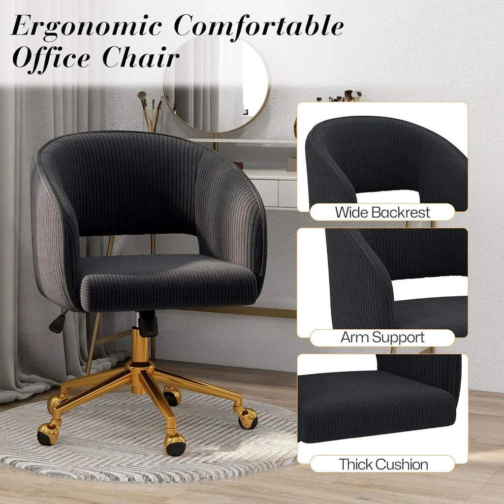 2026 NewHome Office Swivel Desk Chair, Modern Velvet Vanity Chair, Height Adjustable Armchair with Gold Base, Ergonomic Office Chair for Task Study Computer Room, Beige
