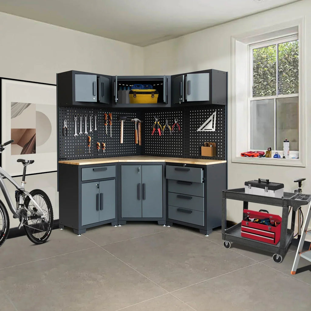 2026 NewHPDMC Garage Storage Cabinet System 7-Pcs Workshop Set Metal Garage Cabinets System with Steel Cabinet Drawers, Workbench, Pegboard for Garage Tool Organization