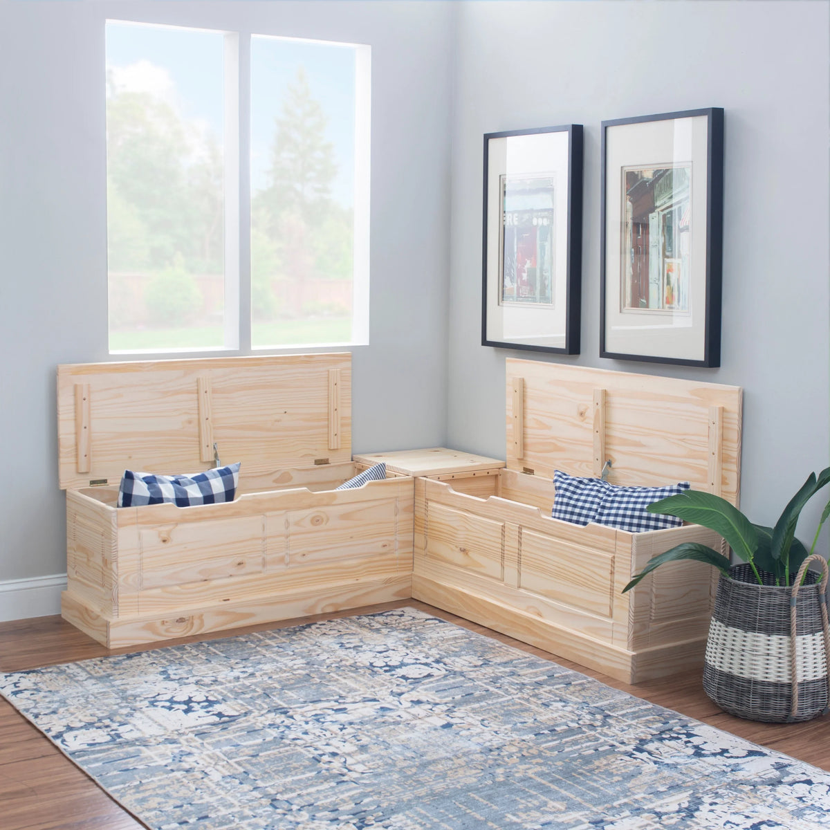 2026 NewLinon Nook Bench Collection L-Shaped Wood Farmhouse Breakfast Bench with Hidden Storage, White
