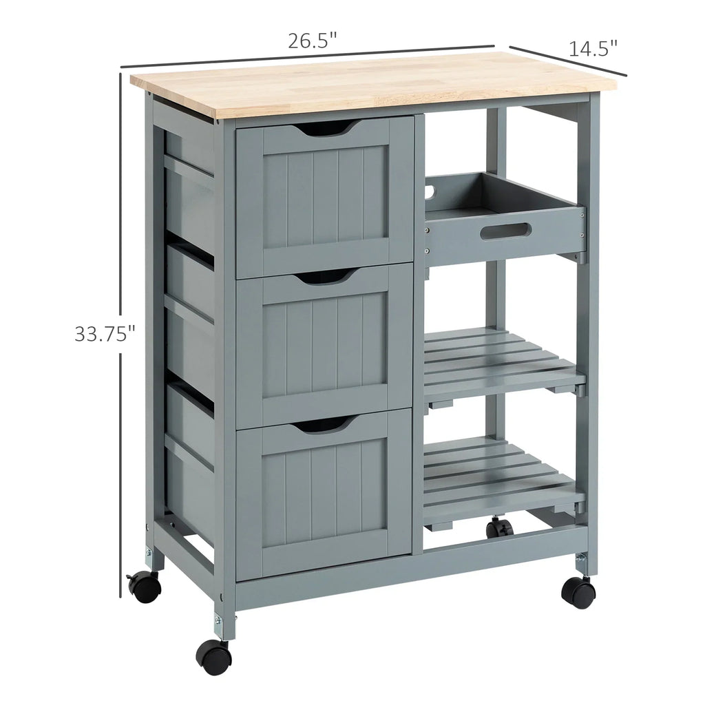 2026 NewHOMCOM Rolling Kitchen Island Cart, Bar Serving Cart, Compact Trolley on Wheels with Wood Top, Shelves & Drawers for Home Dining Area, Grey