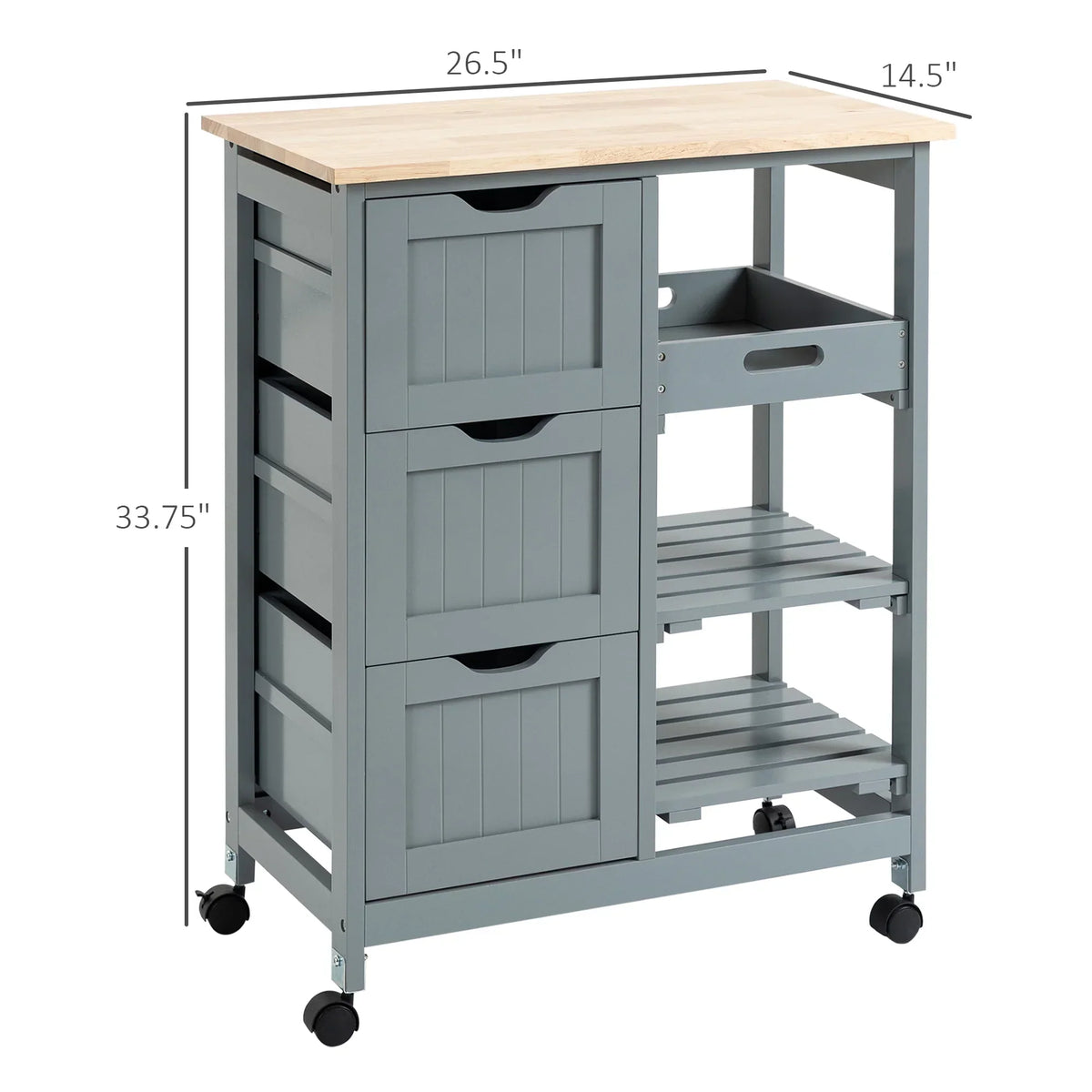 2026 NewHOMCOM Rolling Kitchen Island Cart, Bar Serving Cart, Compact Trolley on Wheels with Wood Top, Shelves & Drawers for Home Dining Area, Grey