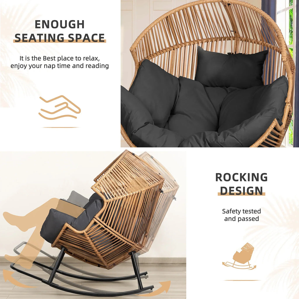 2026 NewWalsunny Egg Chairs Outdoor Patio Wicker Oversized Egg Shell Lounger Lawn Chair with Cushion for Indoor Outside Porch Balcony Backyard, Original Wood Color Rattan Beige Cushion
