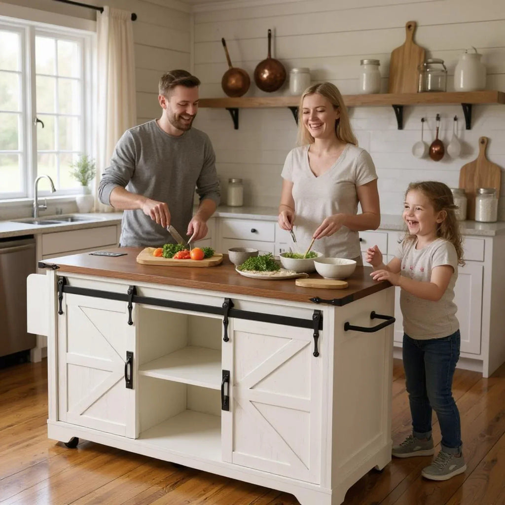 2026 NewHomy Casa Farmhouse 53.7" Kitchen Island with Storage Cabinet, Sliding Barn Doors, and Wheels, White Oak