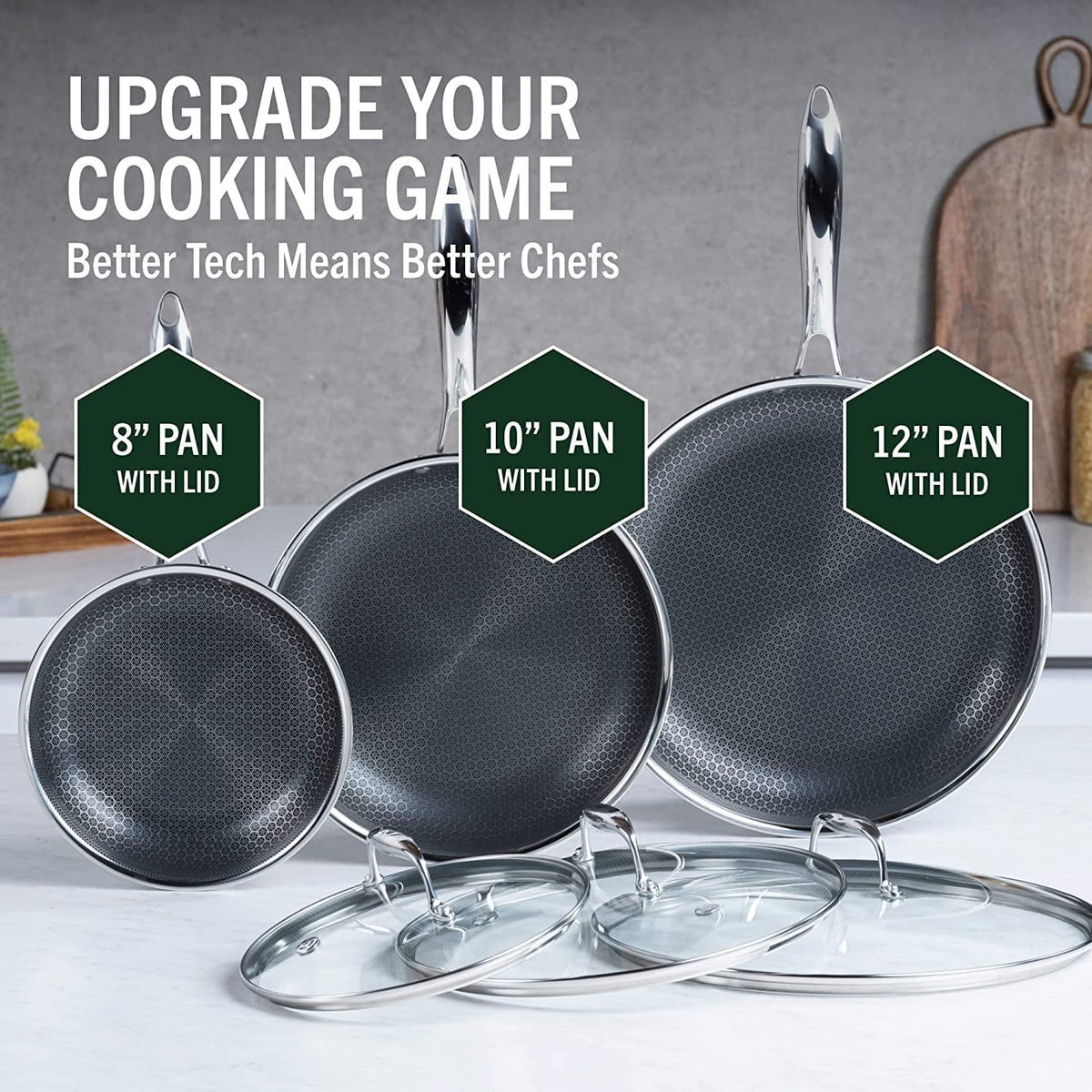 2026 NewHexClad 6 Piece Hybrid Stainless Steel Cookware Pan Set 8", 10", 12" with Glass Lids