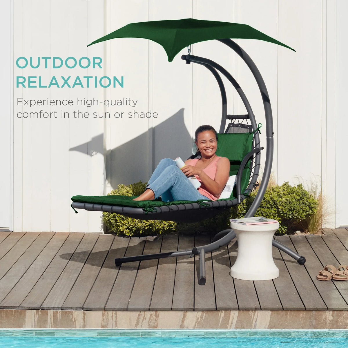 2026 NewBest Choice Products Hanging Curved Chaise Lounge Chair Swing for Backyard, Patio w/ Pillow, Shade, Stand - Teal