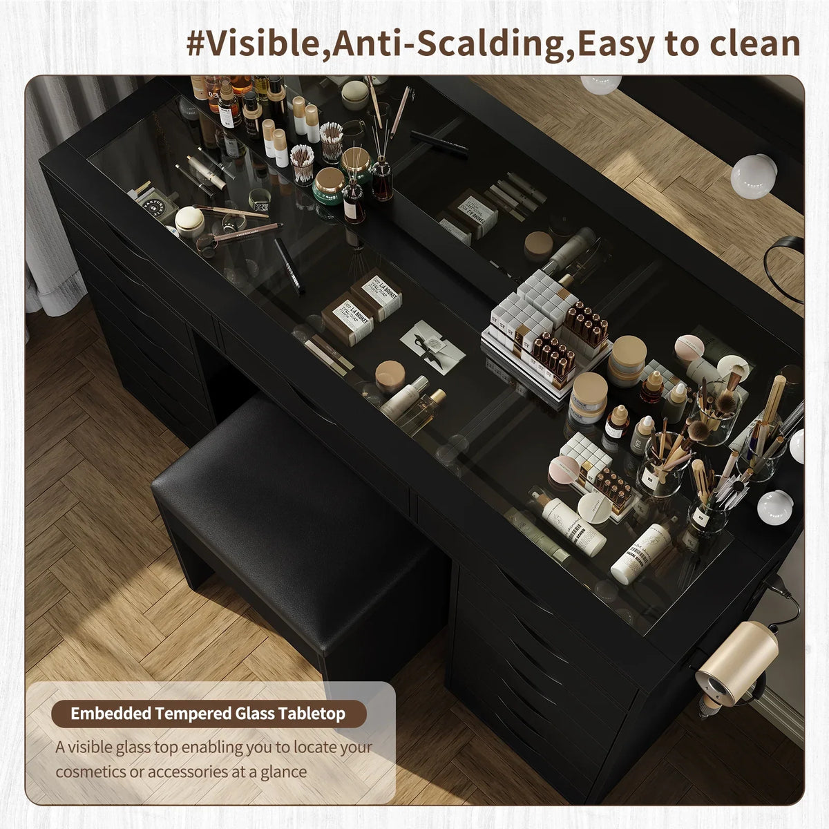 2026 NewYanosaku 15 Drawers Vanity Desk with Power Outlet, Makeup Table with Mirror and 13 LED Lights, 3 Color Lighting Modes, Brightness Adjustable, Glass Top Dressing Table, Vanity Set for Bedroom