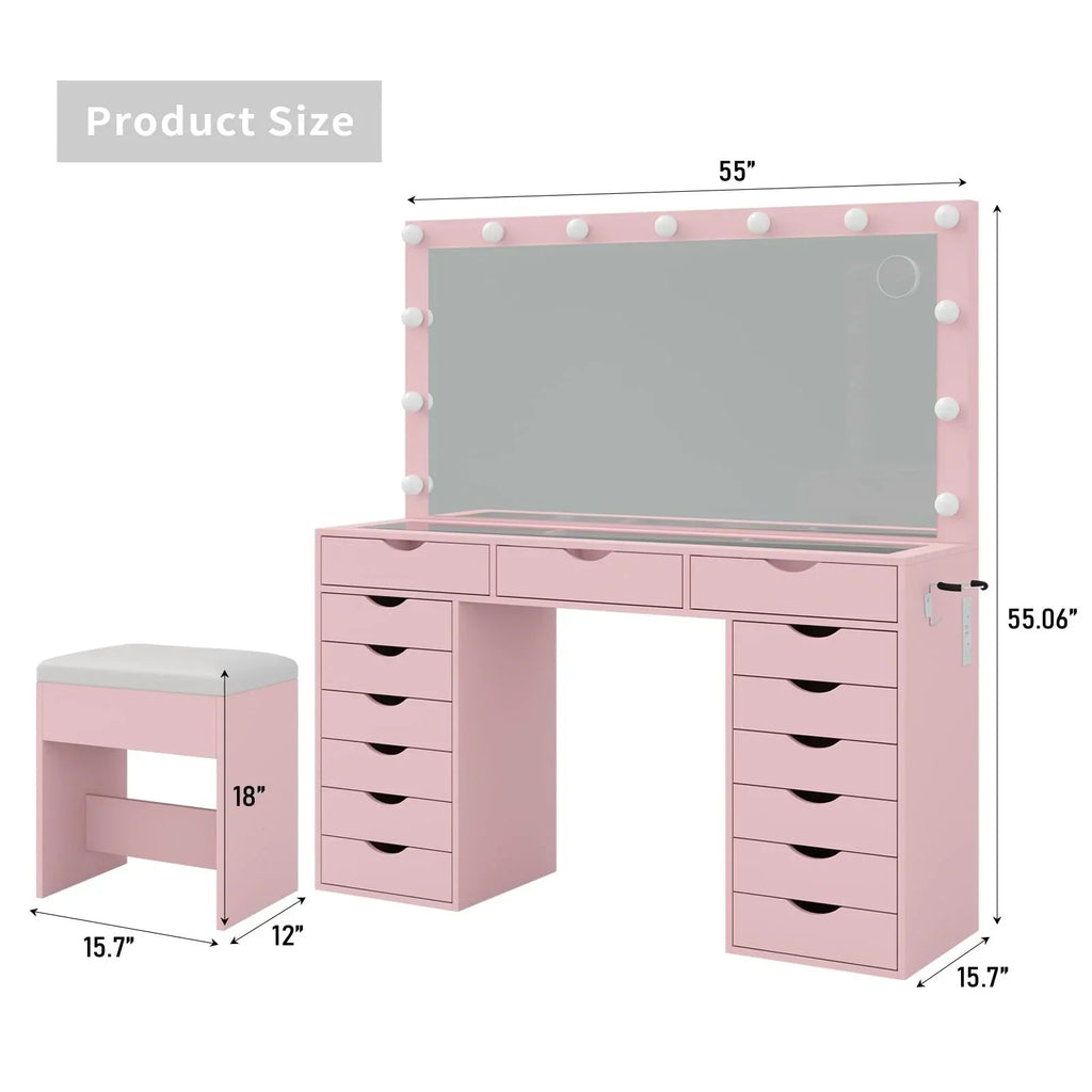 2026 NewYanosaku 15 Drawers Vanity Desk with Power Outlet, Makeup Table with Mirror and 13 LED Lights, 3 Color Lighting Modes, Brightness Adjustable, Glass Top Dressing Table, Vanity Set for Bedroom