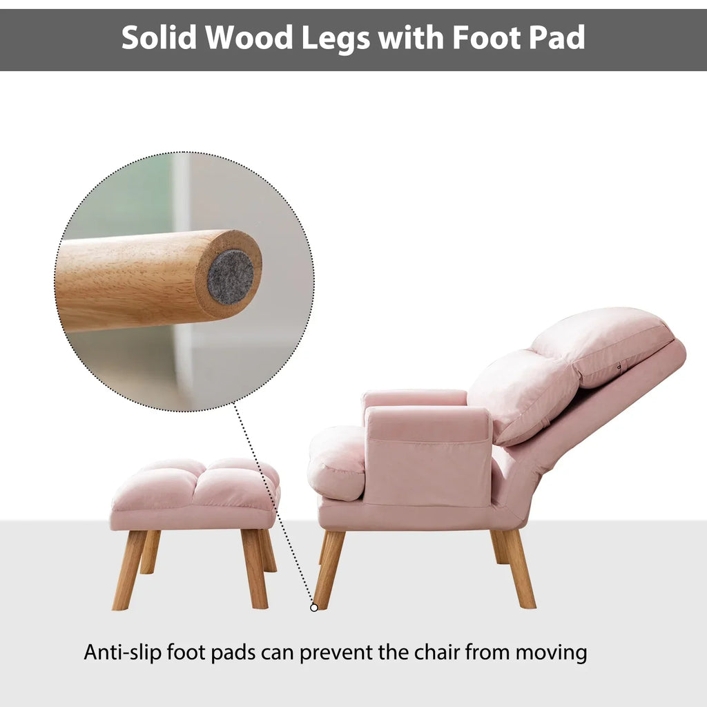 2026 NewBestier Adjustable Accent Chairs with Ottoman, Velvet Fabric Armchair for Bedroom Living Room, Comfy Lounge Chair with Padded Backrest and Side Pocket, Soft Reading Chair, Beige