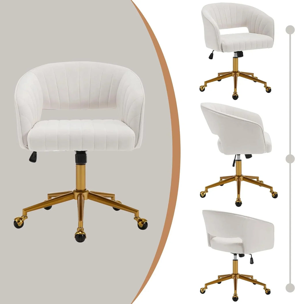 2026 NewWestice Home Office Desk Chairs, Velvet Task Chair, Height Adjustable Swivel Vanity Chair with Golden Base for Vanity Study, Living Room Computer Room, Beige