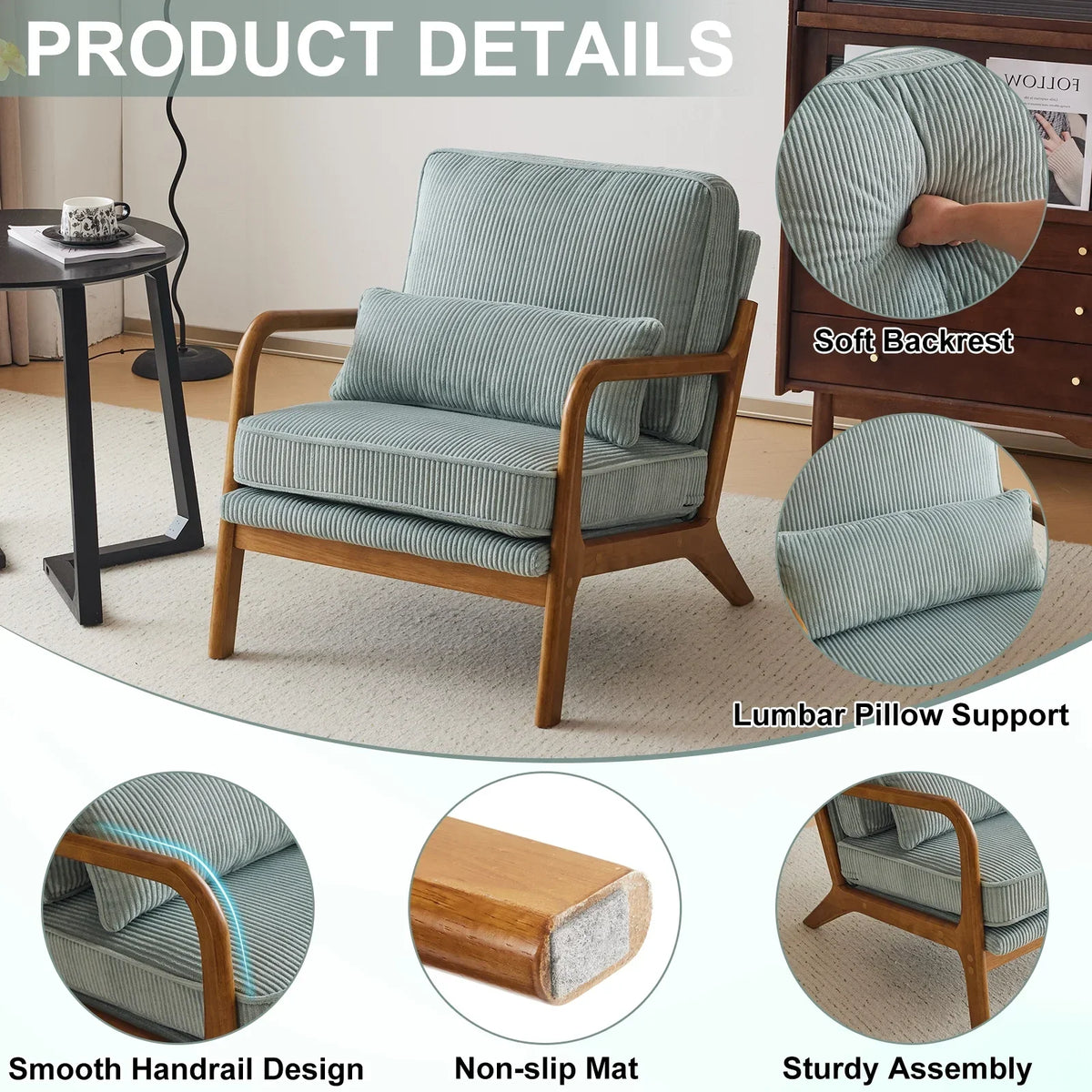 2026 NewKtaxon Accent Chair Corduroy Upholstered Armchair, Reading Club Chair with Pillow and Solid Wood Frame for Living Room Bedroom Furniture Off White